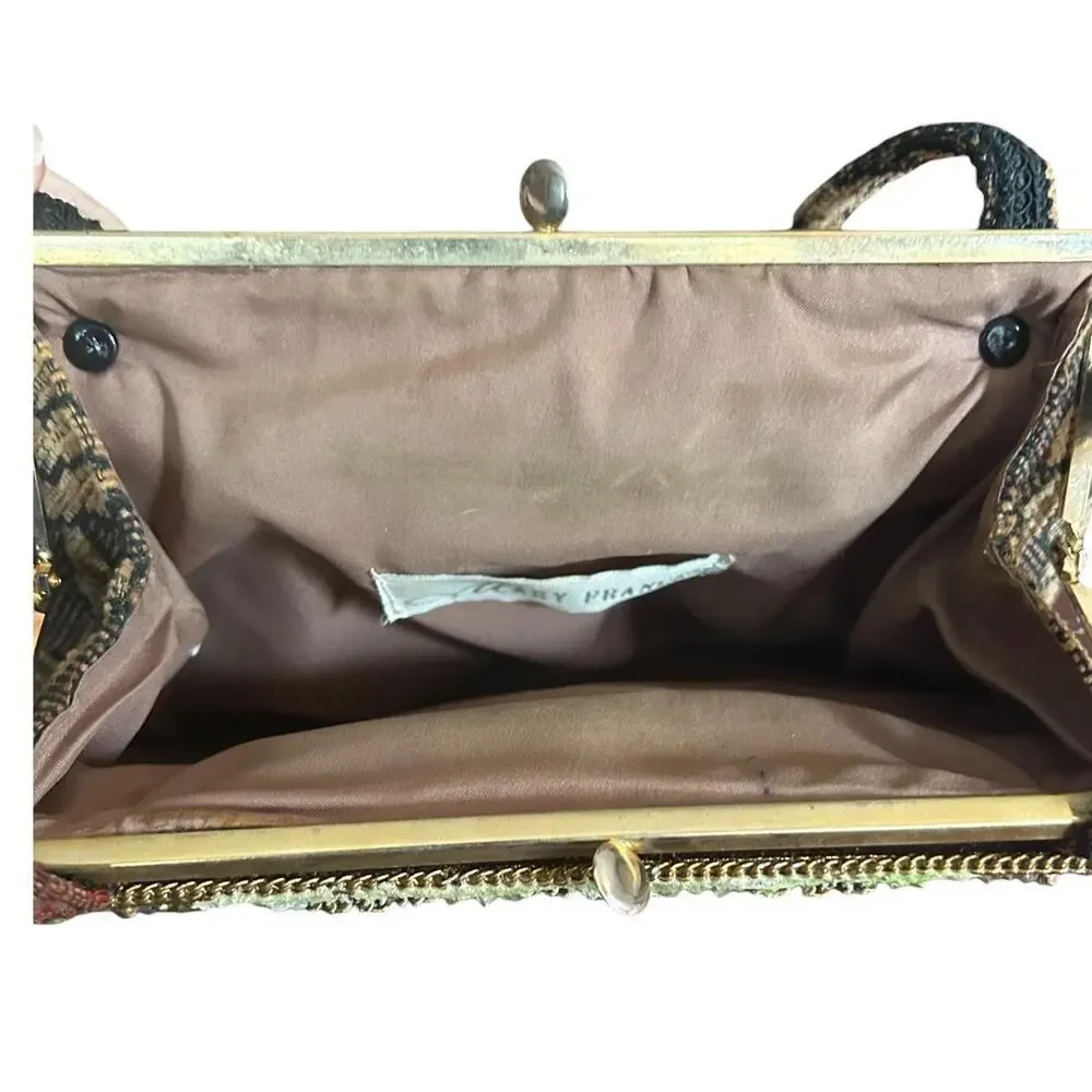 Mary Frances Beaded Floral Tapestry Kiss Lock Frame Bag Boho Embellished Bag